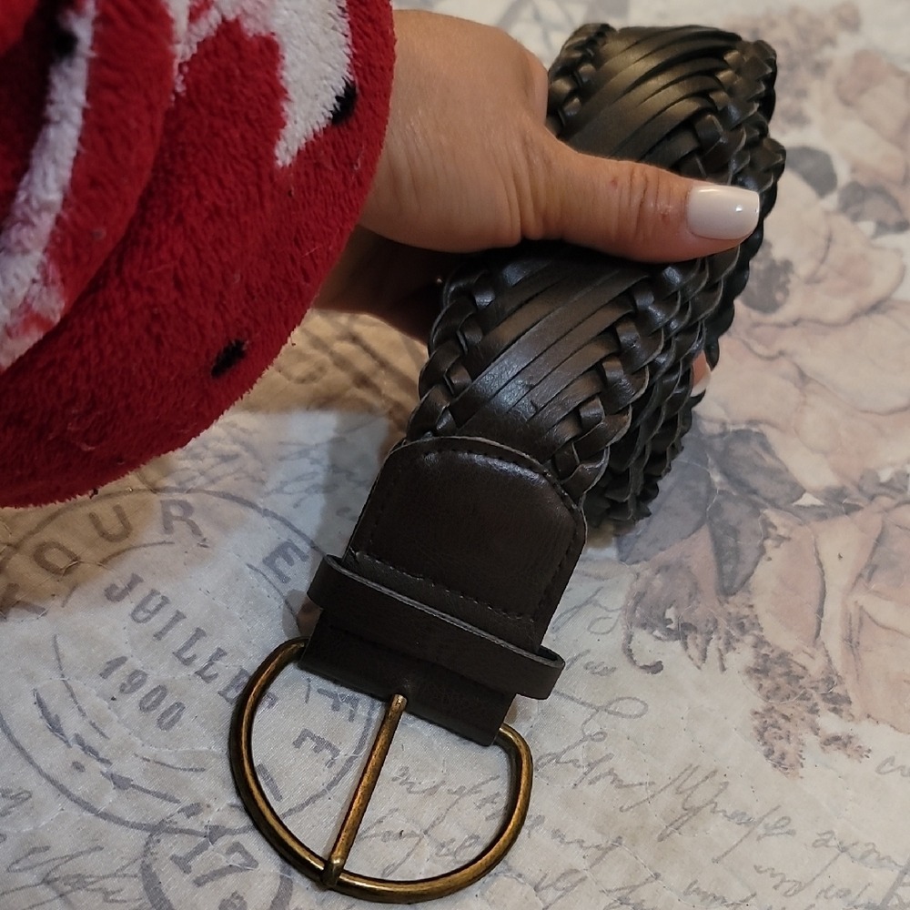 one 5 one Braided Leather Belt in Dark Brown with Antique Brass Buckle